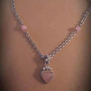 Judith Ripka Silver Necklace with pink jade beads and heart pendant.
